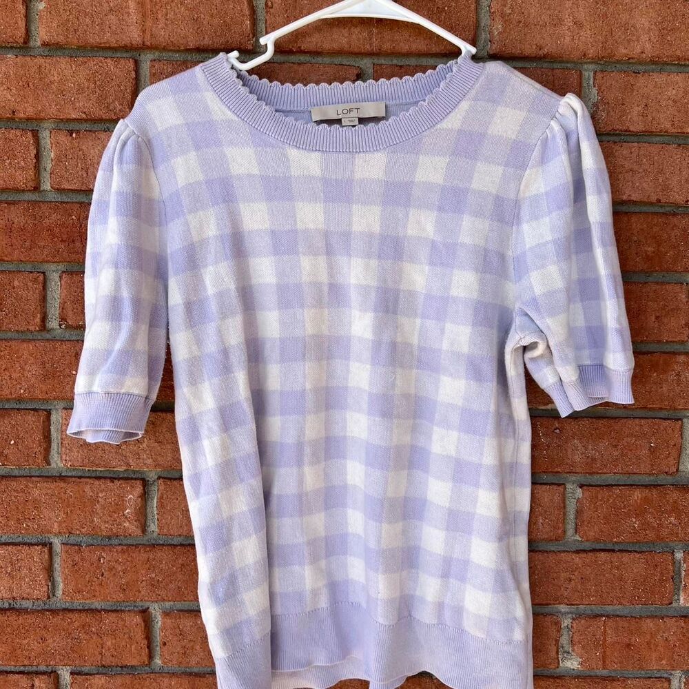 Loft Women's Purple Gingham Short Sleeved Sweater Size L